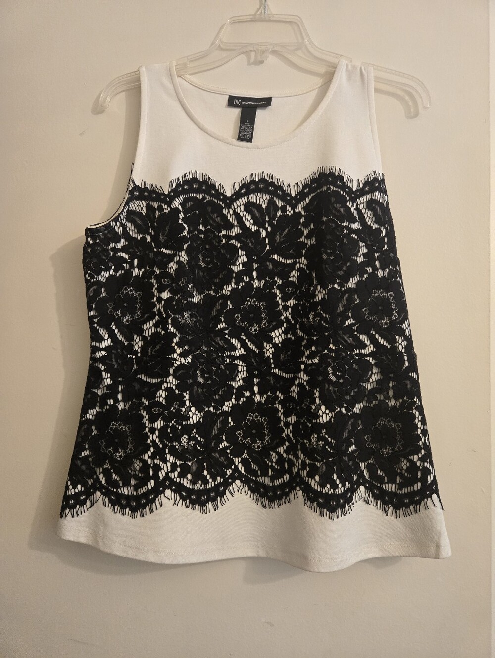 INC International Concepts White Tank Top with Black Lace. Zipper on the side.